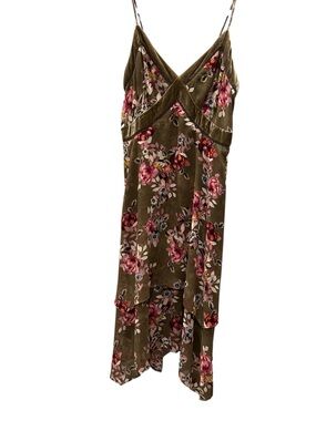 Olive Floral Slip Dress with Pink Rose Print